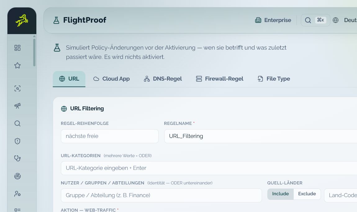 Change Effect Preview zeigt Kriterien, Regelwirkung und Retro-Zeitfenster einer Policy-Simulation