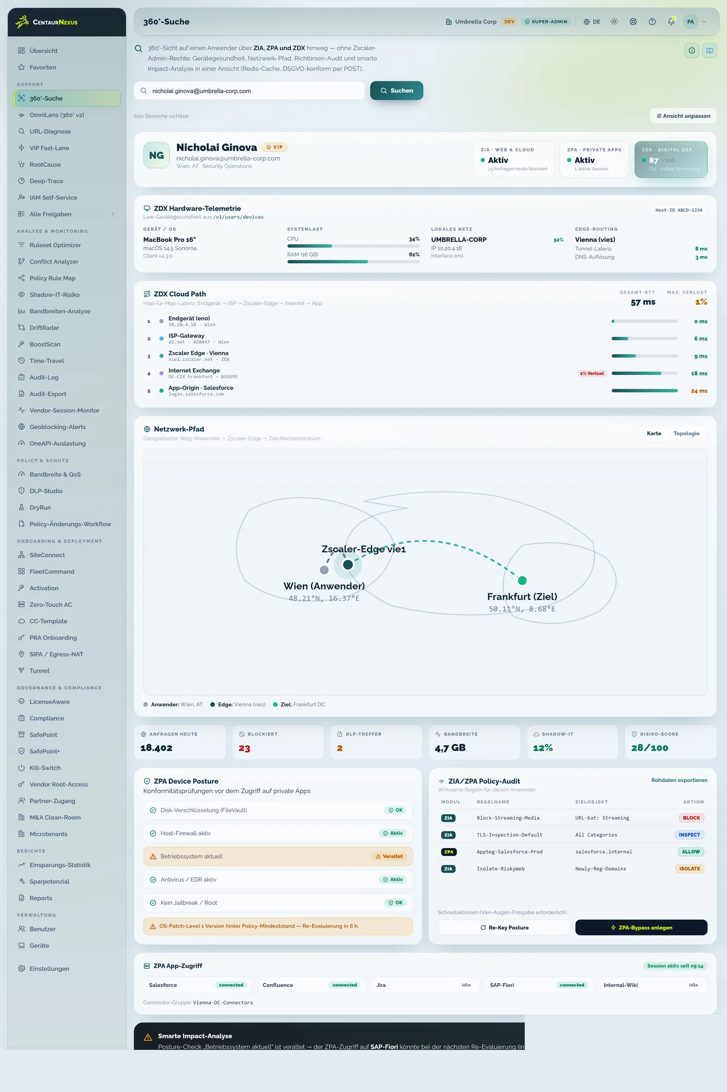 User Support Center: Capture the user, device, access and relevant service signals in a role-based search.
